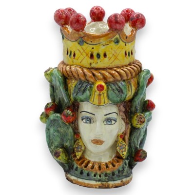 Cabeza bifacial de Jano con dos caras en cerámica Caltagirone h 22 cm aprox. con corona, trenza y hojas de tuna - 