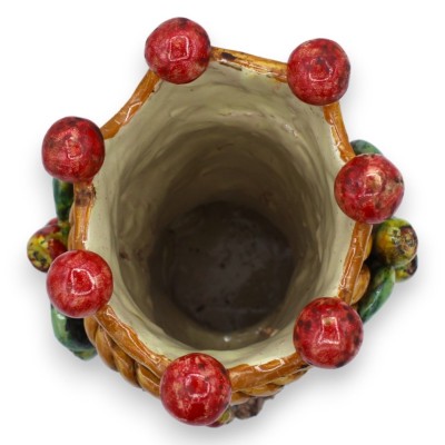 Cabeza bifacial de Jano con dos caras en cerámica Caltagirone h 22 cm aprox. con corona, trenza y hojas de tuna - 