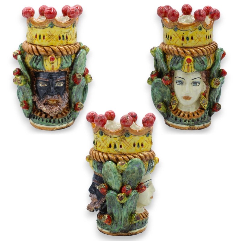 Cabeza bifacial de Jano con dos caras en cerámica Caltagirone h 22 cm aprox. con corona, trenza y hojas de tuna - 