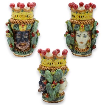 Cabeza bifacial de Jano con dos caras en cerámica Caltagirone h 22 cm aprox. con corona, trenza y hojas de tuna - 