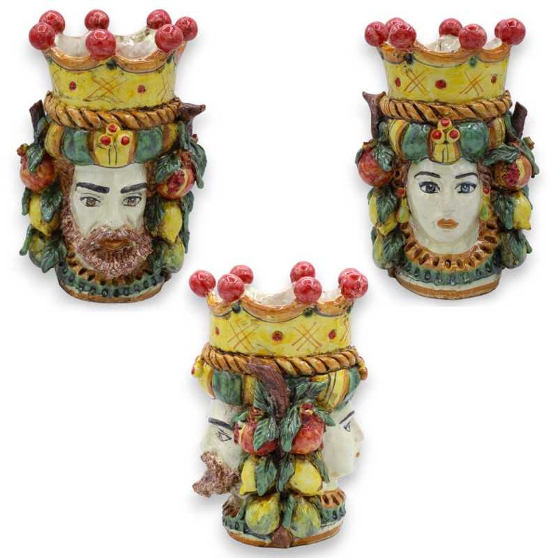 Cabeça Janus de duas faces com duas faces em cerâmica Caltagirone h 21 cm aprox. com coroa, trança e mix de frutas - 