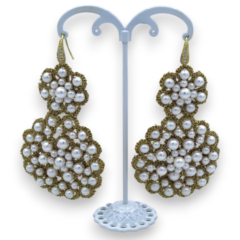 Tatting lace earrings - approx. h 9 cm with pearls and hook studded with zircons - 