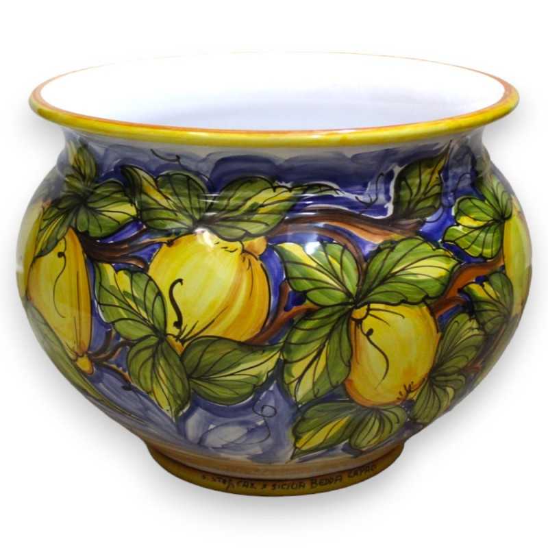 Cachepot Vaso per piante in ceramica siciliana, decoro limoni fondo blu, con diverse opzioni dimensione (1pz) - 