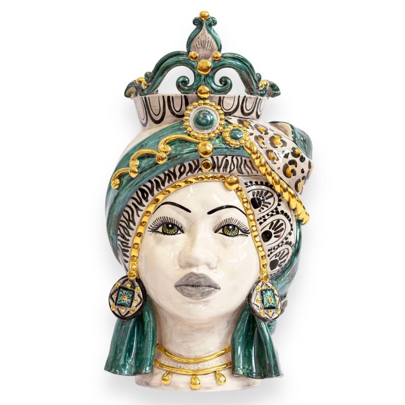 Siciliaanse Moorkoppen (paar) h 50 cm ca. Caltagirone keramiek, Matt Black Man, moderne decoratie, Verderame, puur goud 