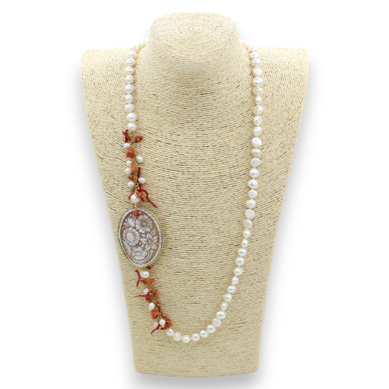 Naturperlenkette - L 85 cm ca. Mit Kamee mit Blumenmotiven und Bambuskoralle - 