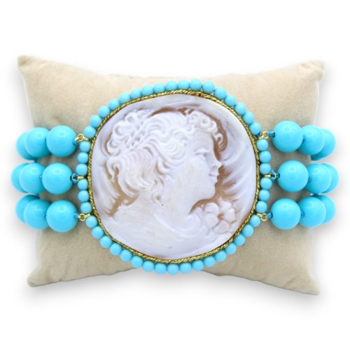 Pulsera de triple vuelta de piedras de Pasta Turquesa con Camafeo - L 20 cm aprox. Susta en latón - 