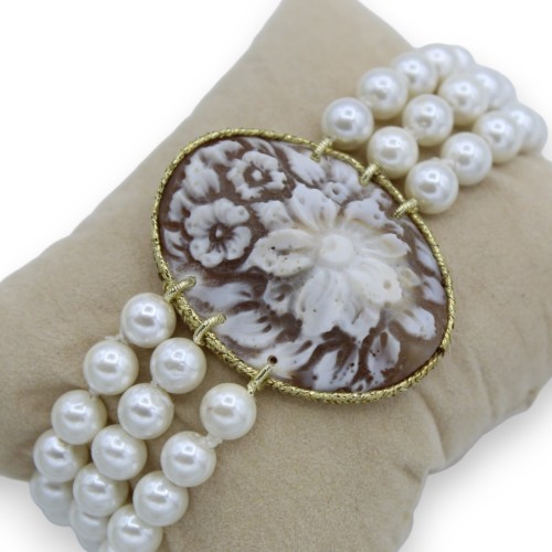 Bracciale con triplo filo di Perle Naturali con Cammeo - L 20 cm ca. Susta in Ottone -  2