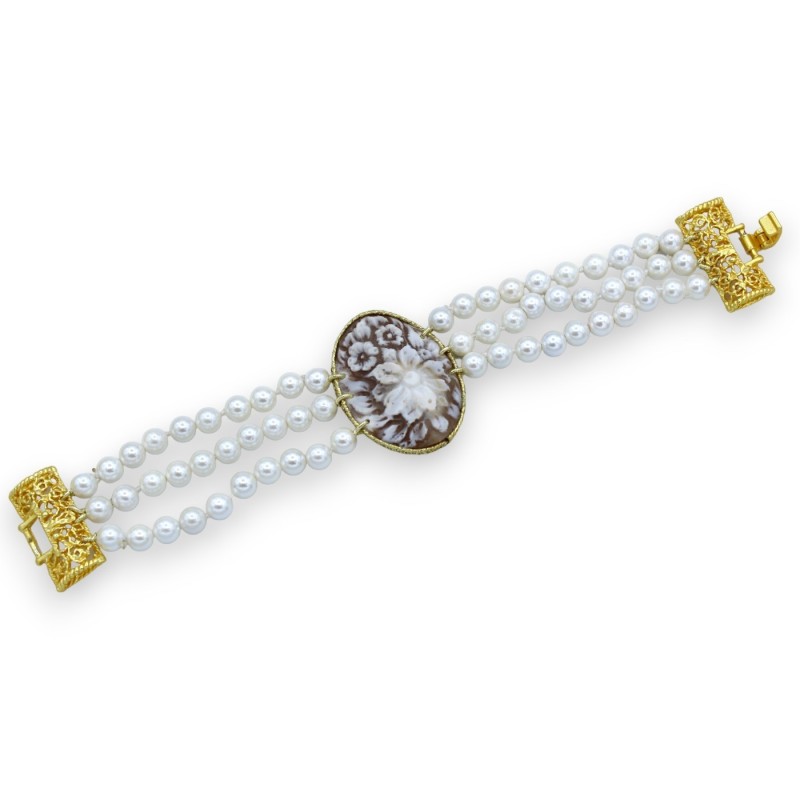 Bracciale con triplo filo di Perle Naturali con Cammeo - L 20 cm ca. Susta in Ottone - 