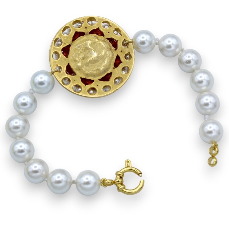 Bracelet de grosses perles naturelles avec médaillon en laiton parsemé de corail de bambou et de perles, L environ 20 cm