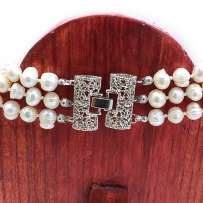 Collana Girocollo con 3 fili di Perle Naturali, L 45 cm ca. Susta in Acciaio. - 