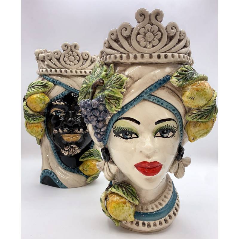 Sicilian head with crown and Caltagirone ceramic fruit, height 30 cm - 
