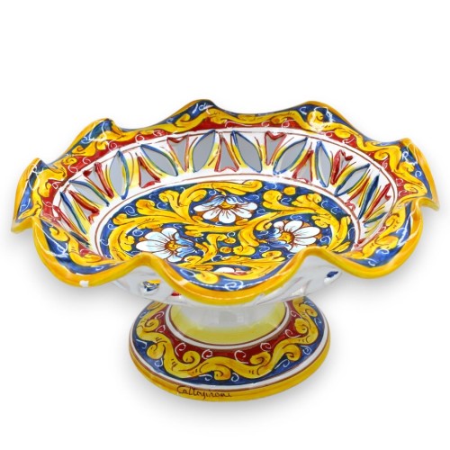 Fruit bowl, scalloped and perforated centrepiece, Caltagirone ceramic, 3 sizes (1 unit) baroque and floral, blue backgro