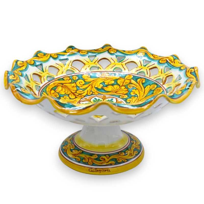 Alzata fruttiera Centrotavola traforata ceramica Caltagirone, con 3 opzioni misura (1pz) barocco giallo, verderame e fio