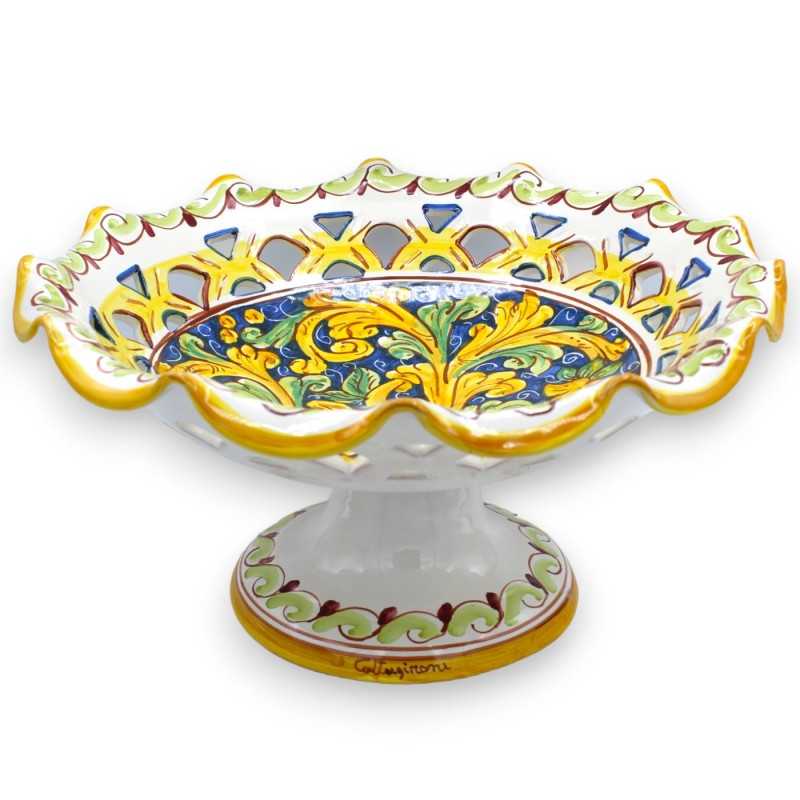 Alzata fruttiera Centrotavola traforata ceramica Caltagirone, 3 opzioni misura (1pz) barocco giallo-verde, fondo blu - 