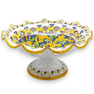 Alzata fruttiera Centrotavola traforata ceramica Caltagirone, 3 opzioni misura (1Unità) barocco giallo-verde, fondo blu 