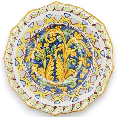 Fruit stand Caltagirone ceramic perforated centrepiece, 3 size options (1pc) baroque yellow-green, blue background - 