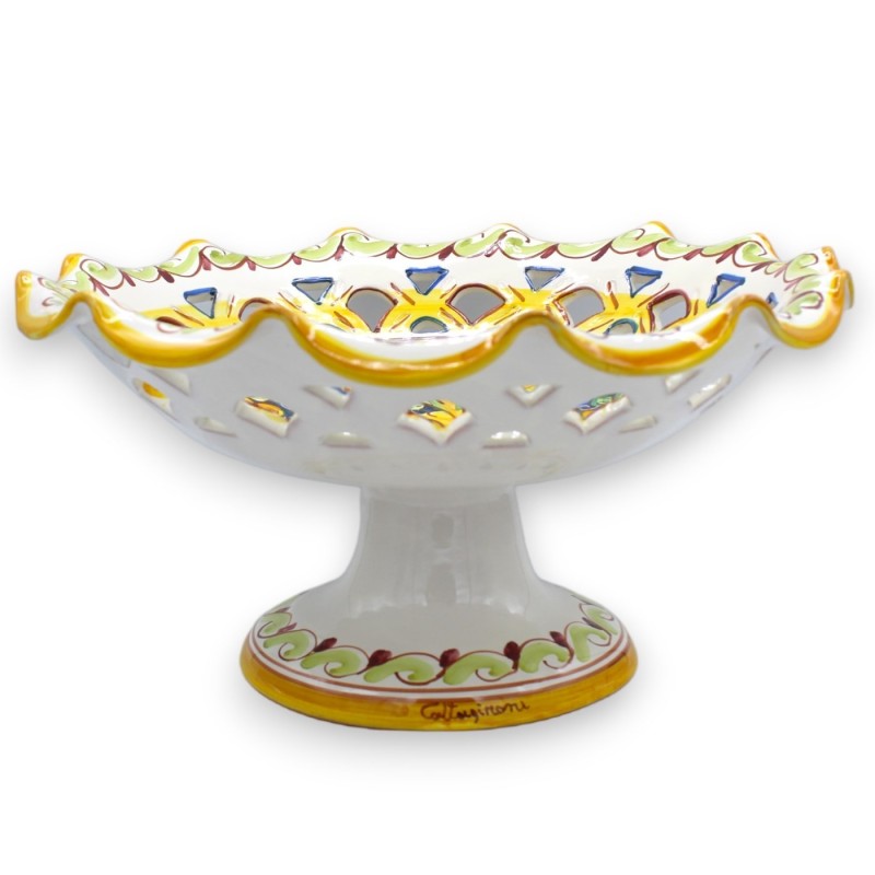 Fruit stand Caltagirone ceramic perforated centrepiece, 3 size options (1pc) baroque yellow-green, blue background - 
