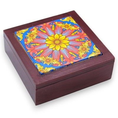 Caixão de madeira com aplicação de azulejo de majólica siciliana - 12,5x4h cm - 