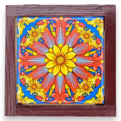 Coffret en bois avec application de carreaux de majolique sicilienne - 12,5x4h cm - 