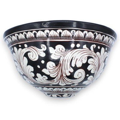 Pannier in Caltagirone ceramic, L 35 x h 20 cm approx. White Baroque decoration on a black background - 