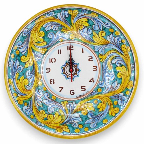 Orologio ceramica Caltagirone, Ø 37 cm ca. Con Ingranaggio, decoro barocco su fondo verderame -
