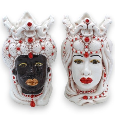 Par de cabeças mouriscas de cerâmica de Caltagirone - aprox. 18 cm de altura. Emiri, com detalhes em vermelho. MD7 - 
