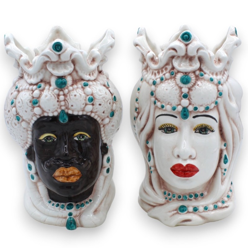 Paar keramische Moorse hoofden van Caltagirone - ca. 18 cm hoog. Emiri, met groene details. MD10 - 