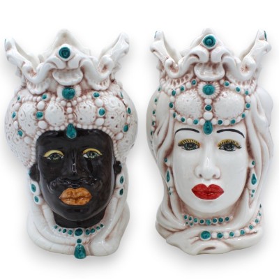 Paar keramische Moorse hoofden van Caltagirone - ca. 18 cm hoog. Emiri, met groene details. MD10 - 