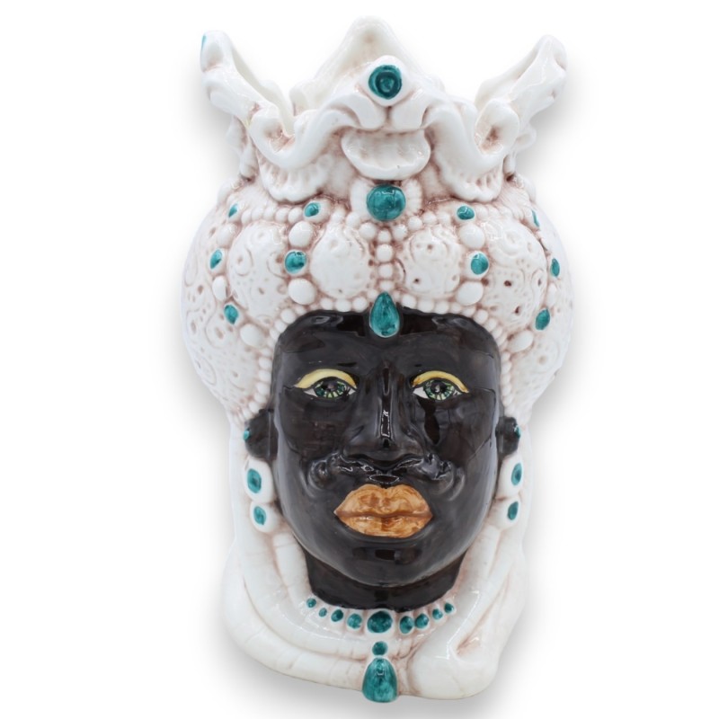 Paire de têtes mauresques en céramique de Caltagirone – environ 18 cm de hauteur. Émirienne, avec détails verts. MD10 - 