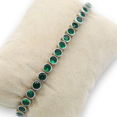 Pulsera de tenis en plata 925 con eslabón redondo, circonita verde esmeralda, L 20 cm aprox. - 