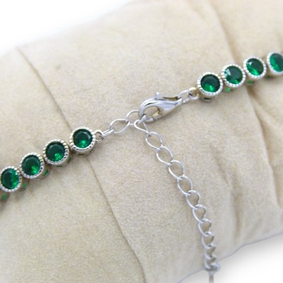 Pulsera de tenis en plata 925 con eslabón redondo, circonita verde esmeralda, L 20 cm aprox. - 