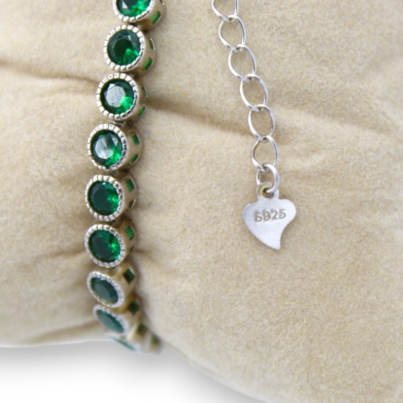 Pulsera de tenis en plata 925 con eslabón redondo, circonita verde esmeralda, L 20 cm aprox. - 