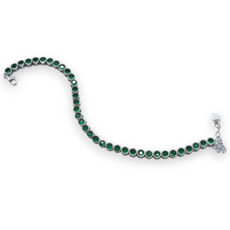 Bracciale d'Argento 925 a maglia rotonda, tempestato di zirconi verde smeraldo - L 20 cm ca. -