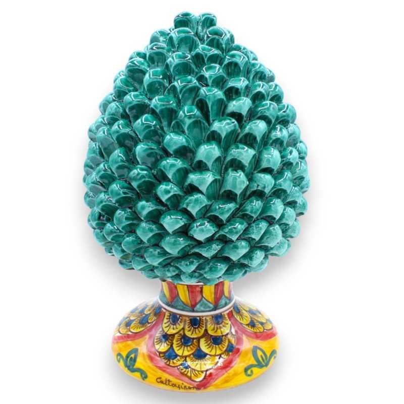 Sicilian Pine Cone in Caltagirone Ceramic with 3 size options (1pc) Verdigris, Stem decorated with peacock tail on yello