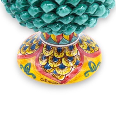 Sicilian Pine Cone in Caltagirone Ceramic with 3 size options (1pc) Verdigris, Stem decorated with peacock tail on yello