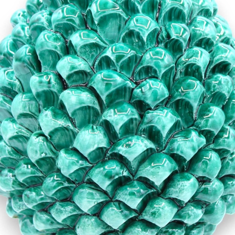 Sicilian Pine Cone in Caltagirone Ceramic with 3 size options (1pc) Verdigris, Stem decorated with peacock tail on yello