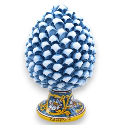 Pomme de Pin Sicilienne en Céramique de Caltagirone avec 2 options de taille (1pc) Bleu Antique, tige et fleur de décora