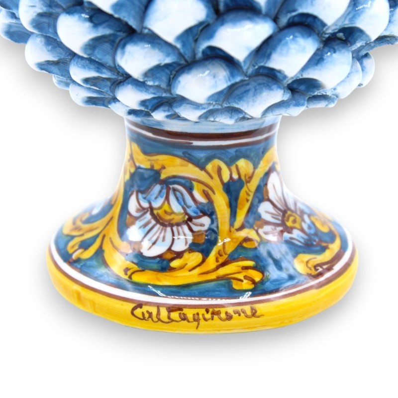 Pomme de Pin Sicilienne en Céramique de Caltagirone avec 2 options de taille (1pc) Bleu Antique, tige et fleur de décora