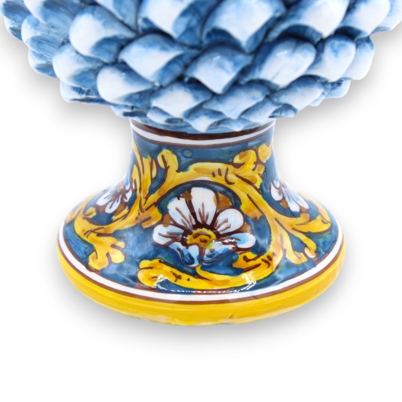 Pomme de Pin Sicilienne en Céramique de Caltagirone avec 2 options de taille (1pc) Bleu Antique, tige et fleur de décora