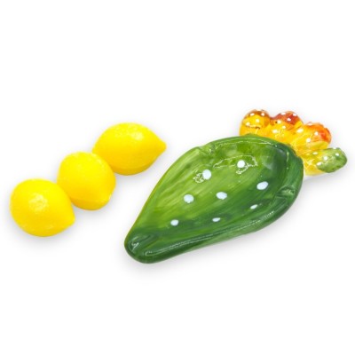 Trio of lemon vegetable soaps with prickly pear shovel in fine ceramic - 