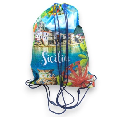 Zainetto Stringato, Sacca in Poliestere con Stampe a tema Sicilia - 