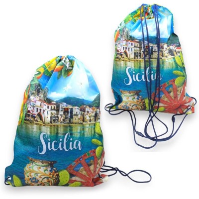 Zainetto Stringato, Sacca in Poliestere con Stampe a tema Sicilia - 
