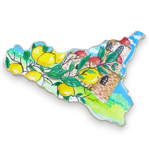 Houten snijplank in Sicilië-vorm, aan de zijkanten afgeschuind h 20 cm x b 30 cm ca. handgeschilderde decoratie, citroen