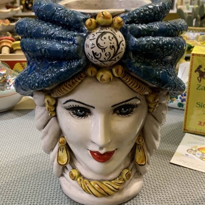 Paar dunkelbraune Caltagirone-Köpfe mit Turbanen, Höhe 27 cm - 