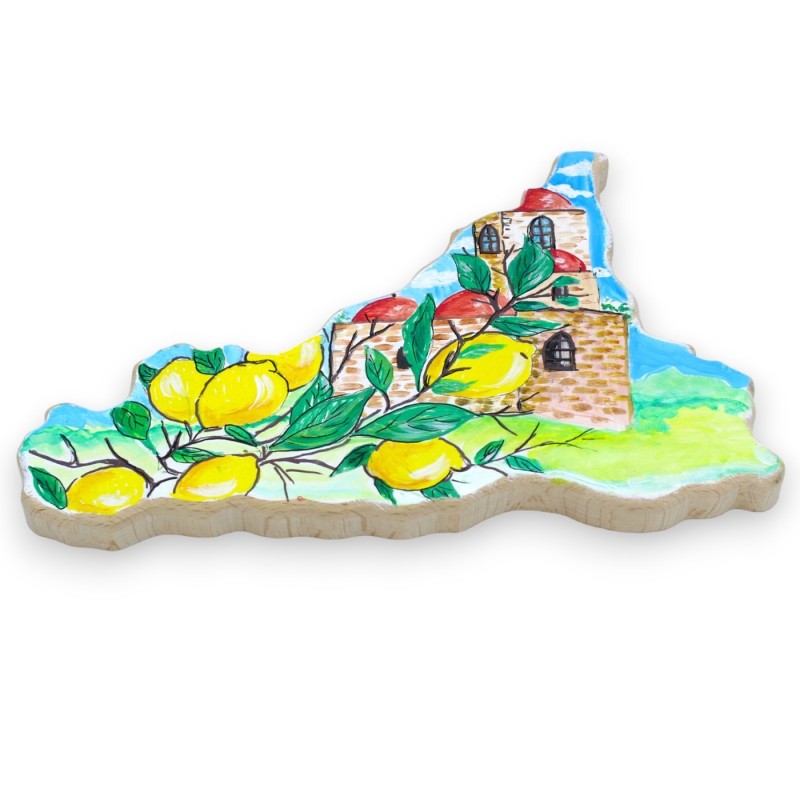 Holzschneidebrett in Sizilienform mit abgeschrägten Seiten, auch zum Aufhängen, ca. H 20 x B 30 cm. handbemalt: Zitronen