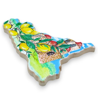 Sicilienformad skärbräda i trä fasad i sidorna, h 20 cm x b 30 cm ca. handmålad dekoration, citroner och kupoler - 