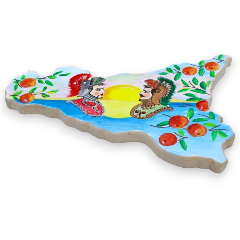 Tagliere in legno a forma di Sicilia smussato ai lati, anche da appendere, h 24 x l 35 cm ca. dipinto a mano: Mare e Pal