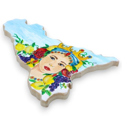 Wooden cutting board in the shape of Sicily, rounded at the sides, also to hang, h 24 cm x w 35 cm approx. hand painted,