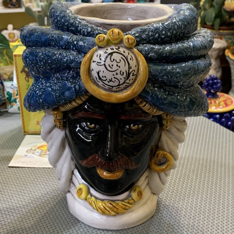 Paar dunkelbraune Caltagirone-Köpfe mit Turbanen, Höhe 27 cm - 