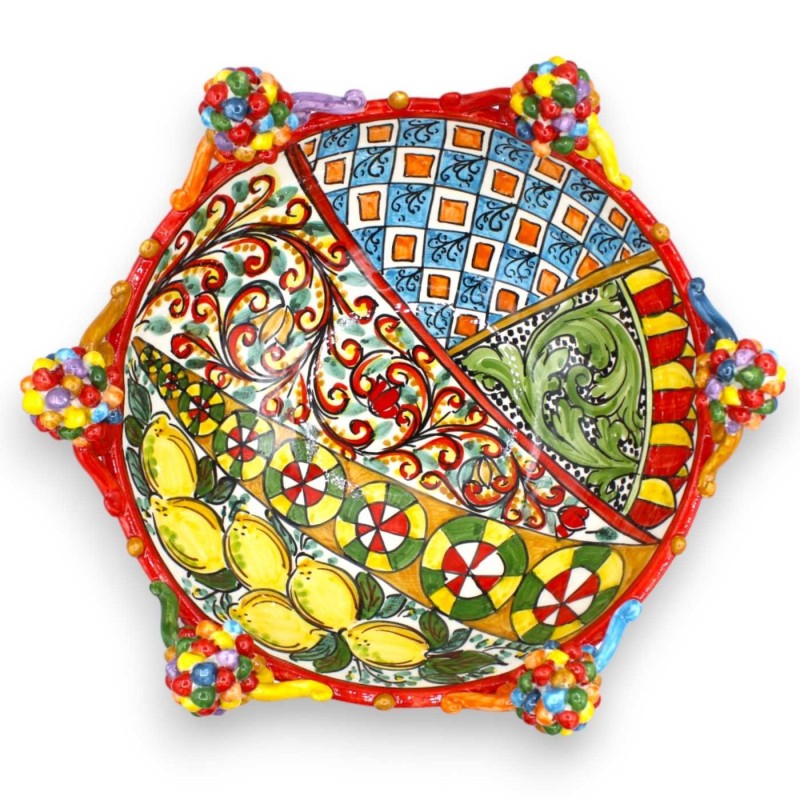 Centre de table en céramique Caltagirone, série ÈLITE, Ø environ 35 cm. Décoration charrette sicilienne et pommes de pin